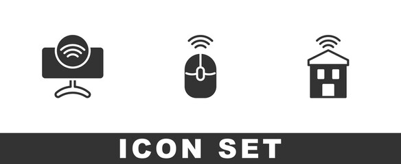Poster - Set Smart Tv system, Wireless computer mouse and home with wi-fi icon. Vector