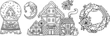 Christmas Snow Globe, House And Wreath Coloring Page