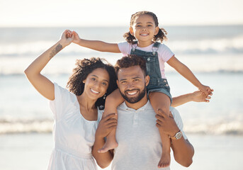 Travel, summer and family beach portrait with child and parents on peaceful vacation break. Happy mother and dad with young daughter enjoy relaxing holiday walk together at ocean in Mexico.