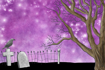 Wall Mural - halloween watercolor night sky over a cemetery