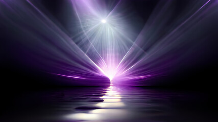 Violet sun rays. The star burst with brilliance, glow bright star, purple glowing light burst. Abstract background of neon lines and rays. Purple light glow. 3D Rendering