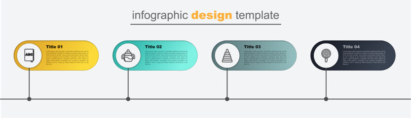 Sticker - Set line Lollipop, Pyramid toy, Baby bottle and ABC book. Business infographic template. Vector