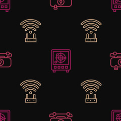 Poster - set line fuel tanker truck, router and wi-fi signal and radar with targets on monitor on seamless pa
