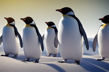 Wall Mural - Emperor penguins on the ice in the Antarctic. Cold Antarctic and ice blocks. 3D rendering