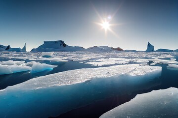 Wall Mural - A sunny day in cold Antarctica. Antarctic icebergs. Reflection of icebergs in clear deep transparent water. 3D rendering