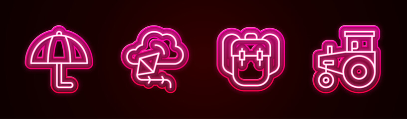 Sticker - Set line Umbrella, Kite, School backpack and Tractor. Glowing neon icon. Vector