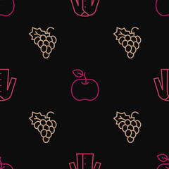 Sticker - Set line Raincoat, Grape fruit and Apple on seamless pattern. Vector