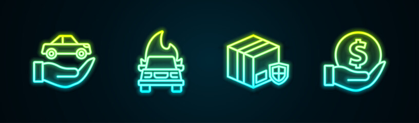 Poster - Set line Car insurance, Burning car, Delivery security with shield and Money. Glowing neon icon. Vector