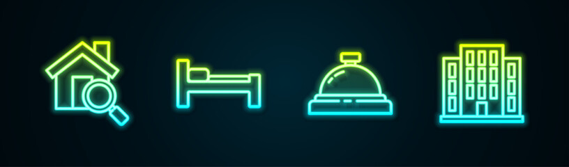 Sticker - Set line Search house, Bed, Hotel service bell and House. Glowing neon icon. Vector