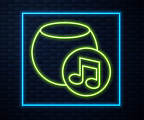 Poster - Glowing neon line Voice assistant icon isolated on brick wall background. Voice control user interface smart speaker. Vector
