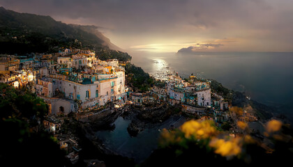 Wall Mural - AI generated image of Amalfi Coast in Italy, on a fine evening