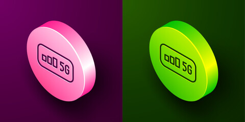 Poster - Isometric line 5G new wireless internet wifi connection icon isolated on purple and green background. Global network high speed connection data rate technology. Circle button. Vector