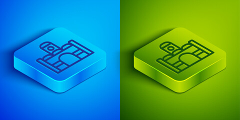 Wall Mural - Isometric line Egyptian house icon isolated on blue and green background. Square button. Vector