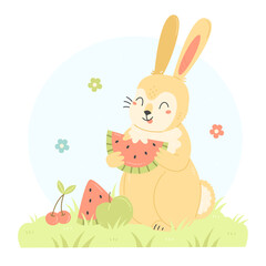 Wall Mural - Cute rabbit with fruit eats watermelon. A bunny character in a cartoon flat style. Summer children's illustration.