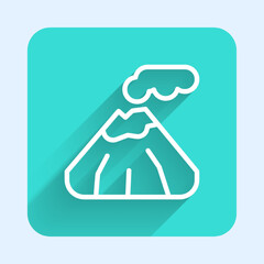 Sticker - White line Volcano icon isolated with long shadow background. Green square button. Vector