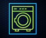 Fototapeta Sport - Glowing neon line Washer icon isolated on brick wall background. Washing machine icon. Clothes washer - laundry machine. Home appliance symbol. Vector