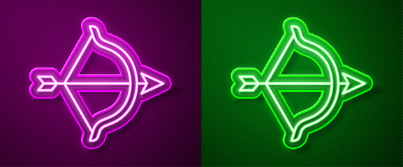 Sticker - Glowing neon line Bow and arrow icon isolated on purple and green background. Cupid symbol. Love sign. Happy Valentines day. Vector