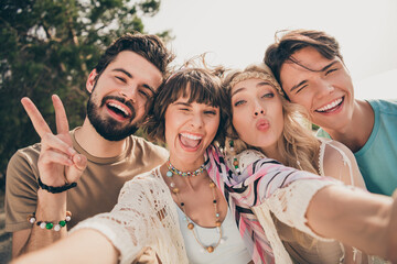 Wall Mural - Photo of youngster company best fellows guys ladies make selfie v-sign blink eyes outdoors fresh-air sunshine weekend