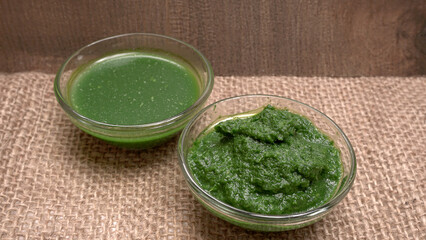 Neem leaves used as ayurvedic medicine with ground neem paste and juice Used in skin care, beauty products and creams.