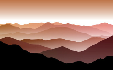 Wall Mural - vector sunset or dawn landscape with misty red and orange silhouettes of mountains and hills