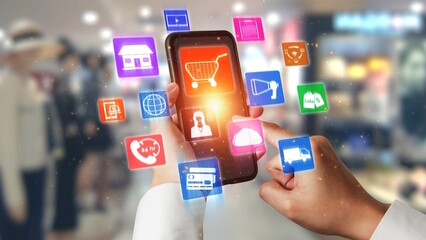 Omni channel technology of online retail business approach. Multichannel marketing on social media network offer service of internet payment channel, online retail shopping and omni digital app