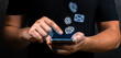 © Celt Studio - Contact Us, Hand of Businessman holding mobile phone with mail,phone,email icon. cutomer support concept. Close up male hands using smartphone with contact us icons