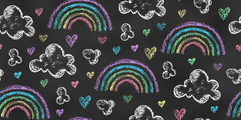 Wall Mural - Seamless Pattern of Chalk Drawn Sketches Rainbows, Clouds, Hearts on Chalkboard Backdrop. Stylized Grunge Endless Motif.