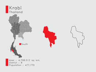  Krabi Position in Thailand A Set of Infographic Elements for the Province. and Area District Population and Outline. Vector with Gray Background.