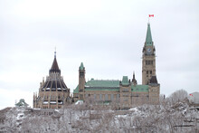 The Canada Parliament Building In Winter, Elevated View Of The House Of Commons, 19th Century Gothic Architecture In Ottawa.