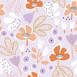 Seamless floral pattern with hand drawn flowers and berries. Spring summer blossom background. Perfect for fabric design, wallpaper, apparel. Vector illustration