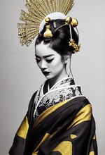 A Young Beautiful Geisha In A Kimono And Headphones. Portrait Of A Beautiful Geisha In A Black And Gold Kimono. 3D Rendering.