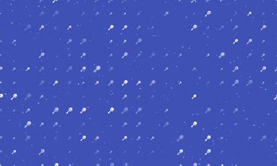 Poster - Seamless background pattern of evenly spaced white baby rattle symbols of different sizes and opacity. Vector illustration on indigo background with stars
