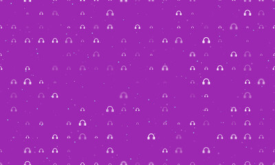 Poster - Seamless background pattern of evenly spaced white headphones symbols of different sizes and opacity. Vector illustration on purple background with stars
