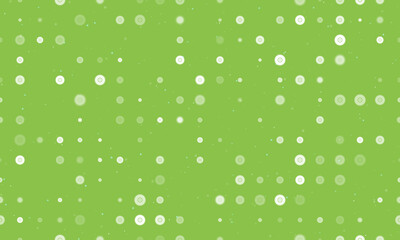Poster - Seamless background pattern of evenly spaced white gramophone record symbols of different sizes and opacity. Vector illustration on light green background with stars