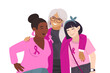 Three women diffrent nationalities. Vector illustration of breast cancer. Breast Cancer Awareness October. Silk ribbons and friendship