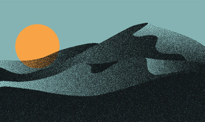 vector landscape of sand dune in dotwork style. stipple illustration design. old retro dot texture v
