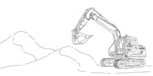 Hand Drawn Vector Ilustration Of Excavator On A Construction Site Or In A Quarry 