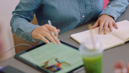 Aufkleber - Digital marketing planning, tablet and employee working on website in office, meeting on advertising online and writing strategy in notebook. Business worker at desk in a creative startup company