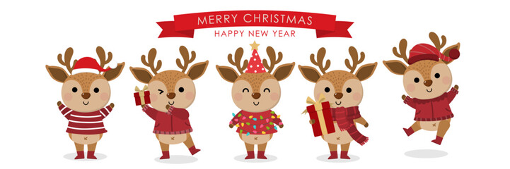 Wall Mural - Cute deer, reindeer in winter costume with red gift. Merry Christmas and happy new year greeting card.  Animal holidays cartoon character set.