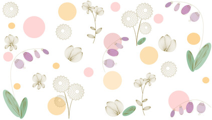 Wall Mural - A delicate pattern of abstract outline flowers and circles in a pastel palette. Vector illustration for wallpaper, fabric, packaging design