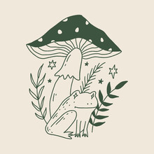 Groovy Frog Or Toad And Mushroom Vector And Jpg Printable Image, Unique Boho Clipart Illustration, Goblincore, Witchcore, Fairycore Trendy Aesthetic Style. Perfect For Poster Or Postcard Template, T