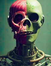 Creepy Hafl Cybernetic And Rotten Meat Zombie Portrait Character.. The Concept Of A Nightmarish Zombie From The Hellscape. Ugly Covered With Slime Skeleton. Exposed Skull And Bones. 3d Illustration