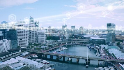 Poster - Drone of smart city, cloud computing and networking 5g big data, digital grid infrastructure and industrial cyber economy in Australia. Technology abstract, global iot analytics and future automation
