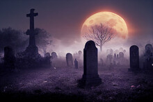 3d Illustration Of Spooky Graveyard At Halloween.	