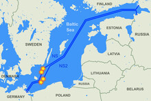 Nord Stream Leak On Map, Sites Of Explosions Of Natural Gas Pipelines