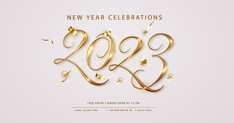 Wall Mural - 2023 happy new year elegant banner with falling confetti on bright background. for christmas and win