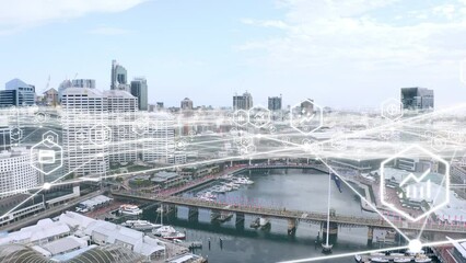 Aufkleber - Finance, fintech and network drone in city for investment and cryptocurrency 3d graphic. South Africa cityscape with digital economy, growth and blockchain technology for innovation.