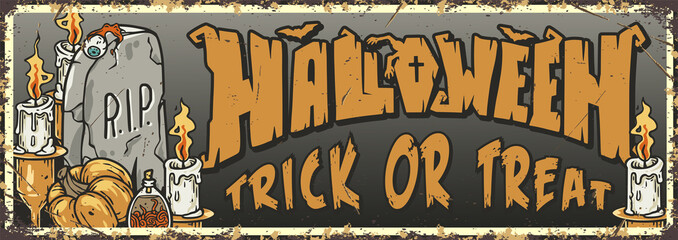 Wall Mural - Trick or treat halloween cementary party poster with pumpkins, cauldron and bones