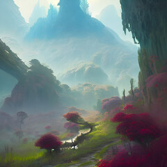 Wall Mural - A 3d digital rendering of a fantasy landscape with lush foliage in a valley and tall mountains.