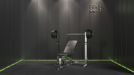 Gym bench press, gym equipment in the studio. Bench press in front of black wall with green light. Exercise for health under white spots. Don't quit.